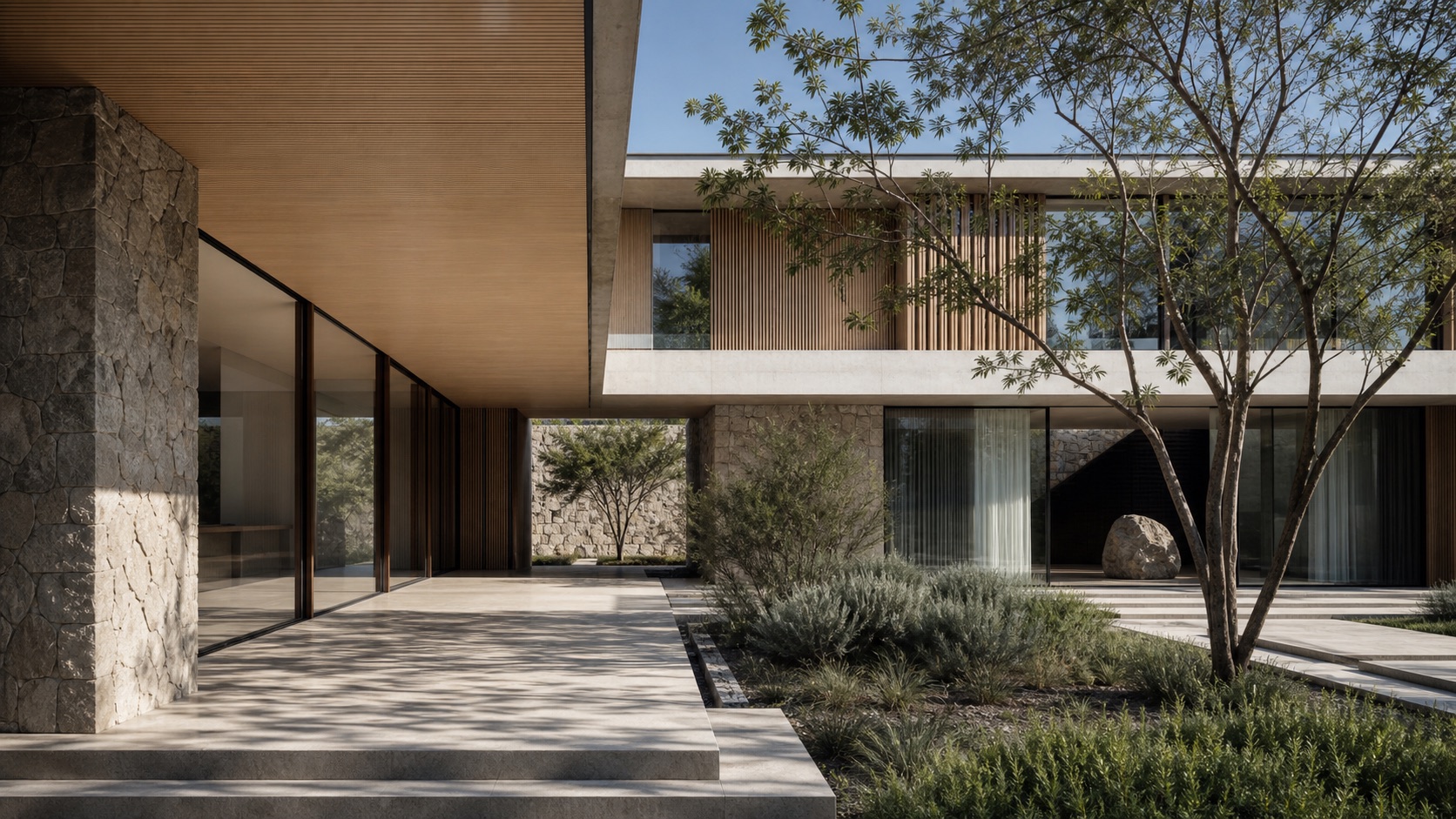 Courtyard residence exterior showing architecture integrated with its site