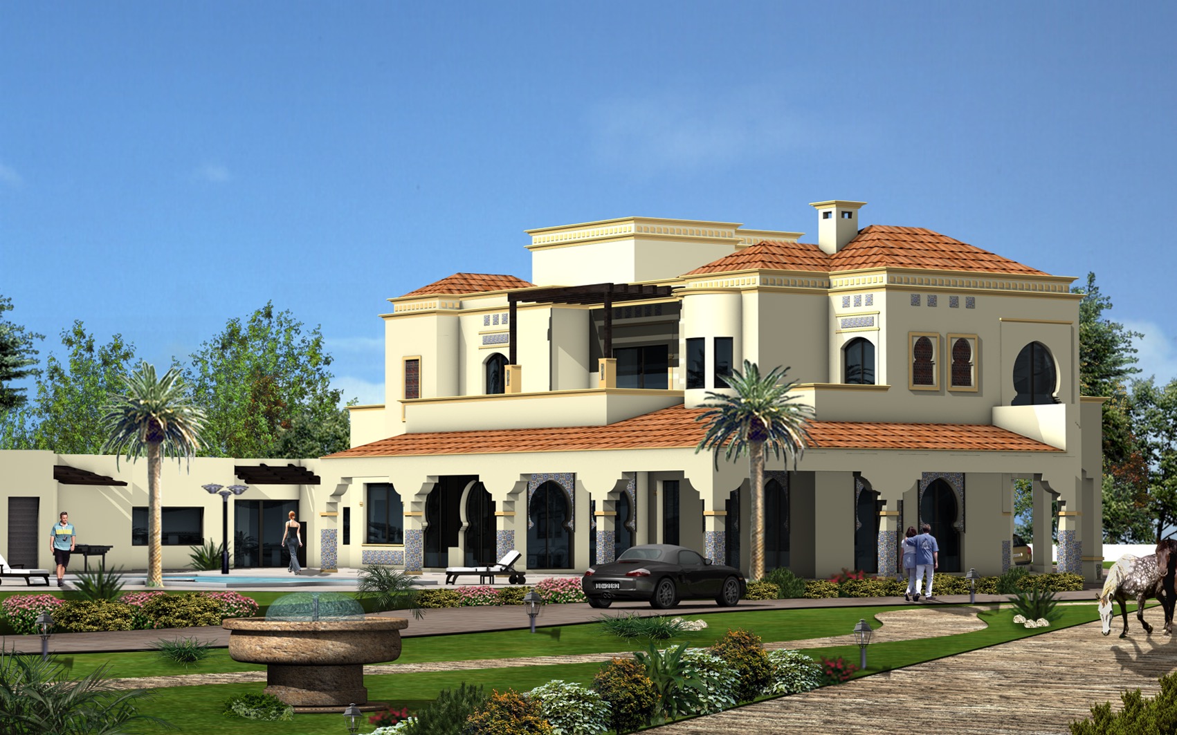 Kalha residence render with terracotta roofs, arched openings, and landscaped grounds
